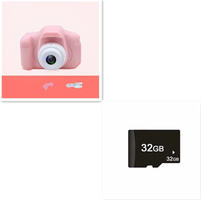 Colourful kids digital camera with silicone case showing 2-inch screen and lens.