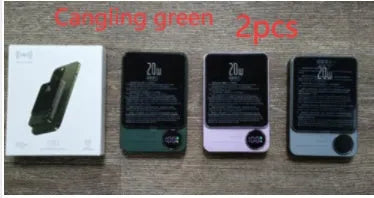 MagSafe magnetic wireless power bank in Cangling Green for iPhone 14, showing aluminium alloy case.