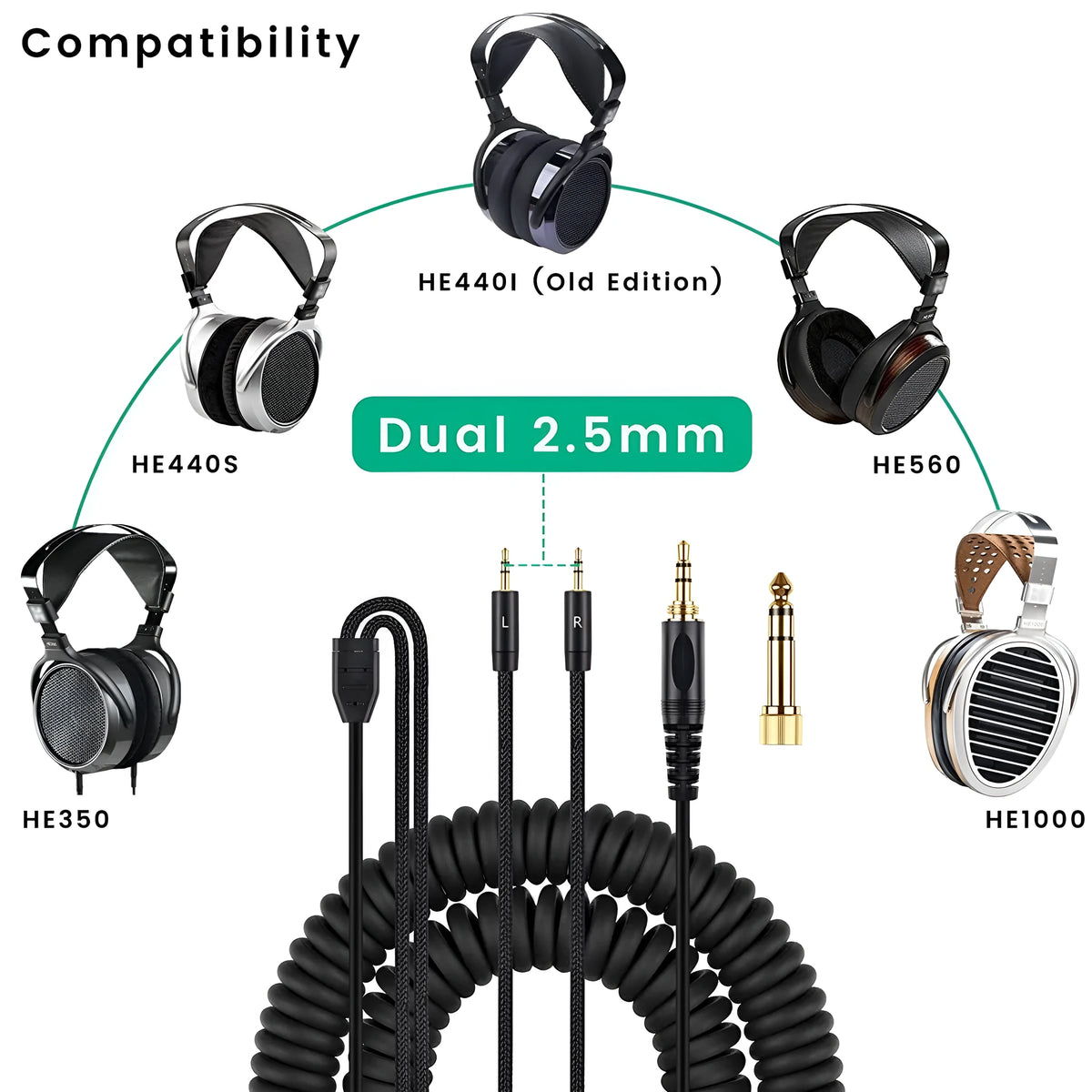 Black 1.8m replacement headset cable with double 25mm plug and spring connection for HE400i HE560