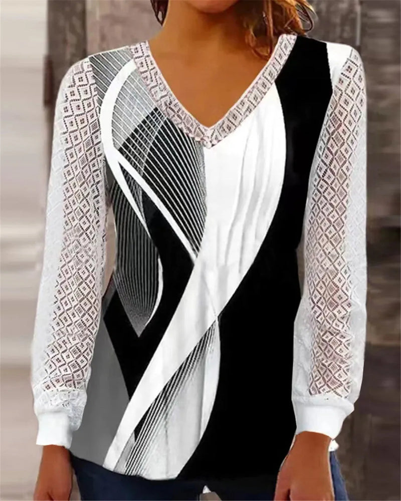 V-neck loose top with hollow-out lace print made from trueran polyester fabric in a medium length of 65cm, available in purple, wine red, gray and blue in long sleeve pullover style from sizes S to 3XL.