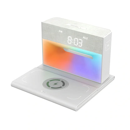 Mobile phone bracket with speaker and colourful lighting in white, pink, or dark green options