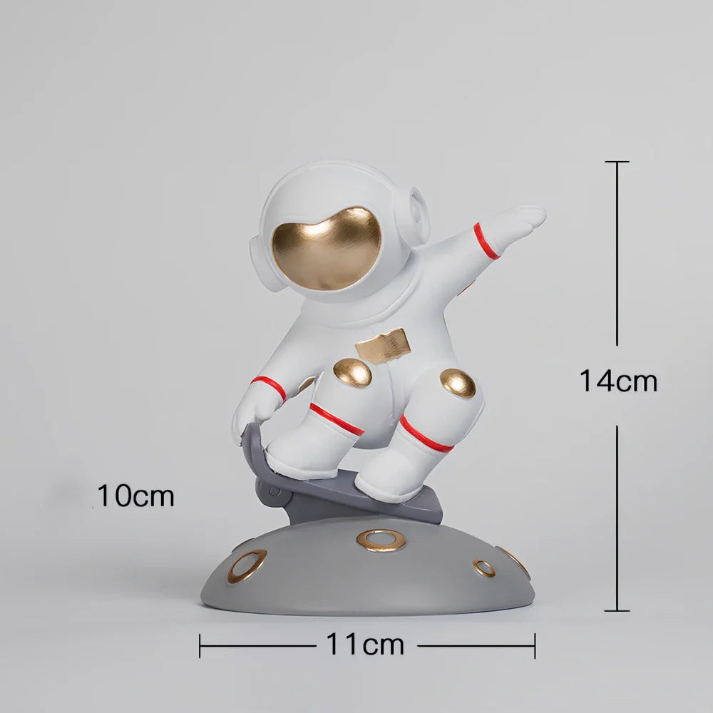 Hand-carved resin astronaut decoration in red or white with handstand, meditate, or skateboard poses