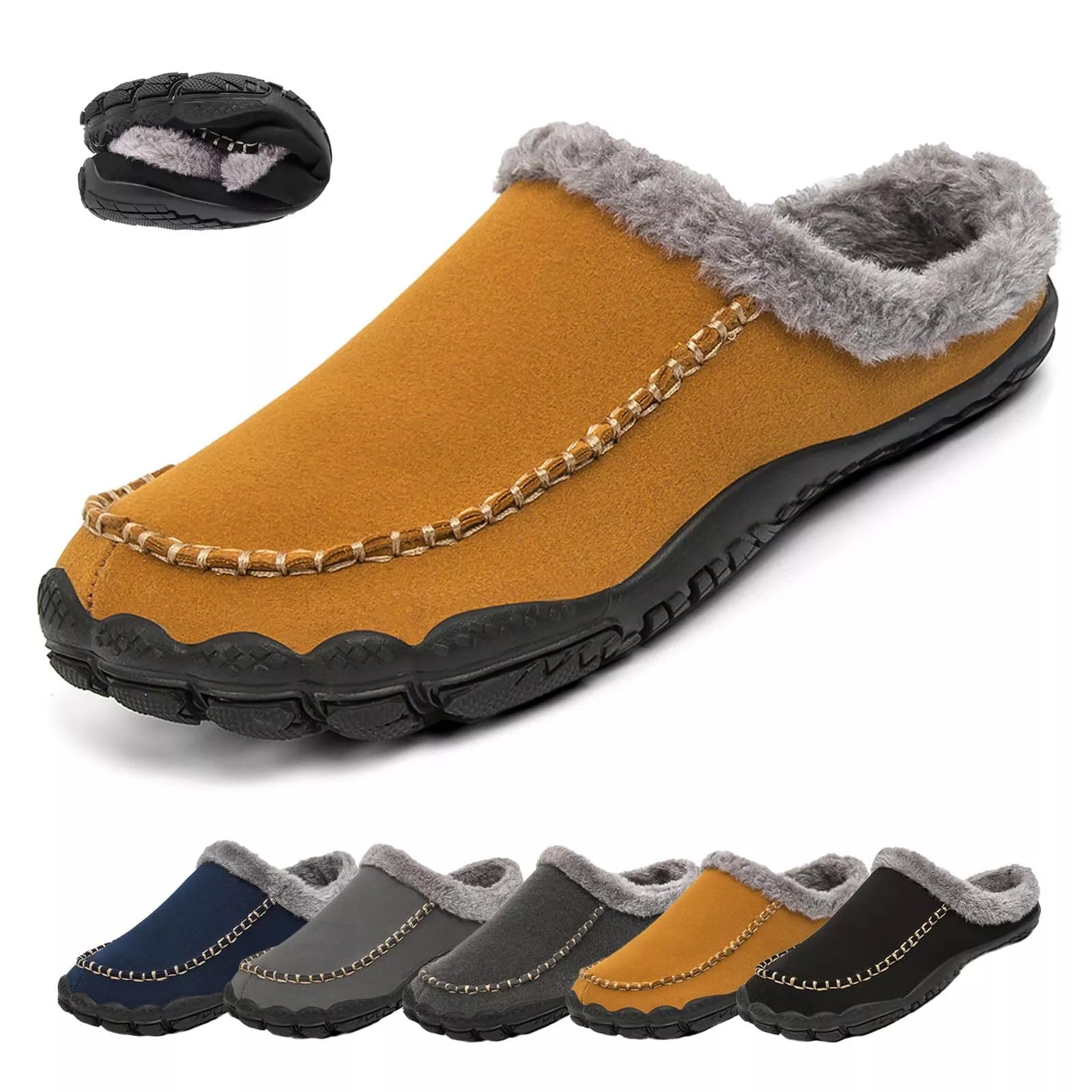 Men's winter slippers with anti-slip rubber outsole and fluffy plush lining in various colors