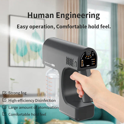 Portable USB-powered disinfection sprayer with wireless charging, featuring atomization technology, long battery life, and multi-functional capabilities