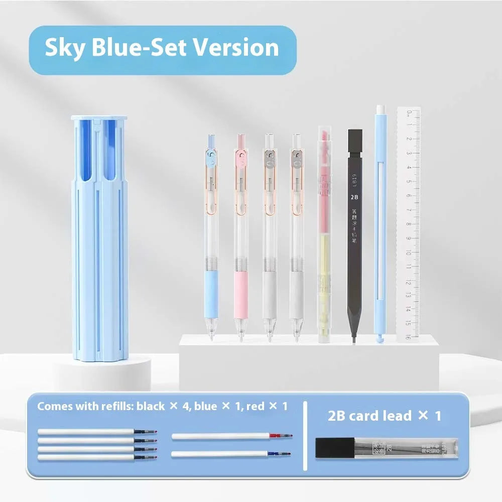 Pressing pen and plastic pencil box organiser set in sky blue, white, or pink colour options.