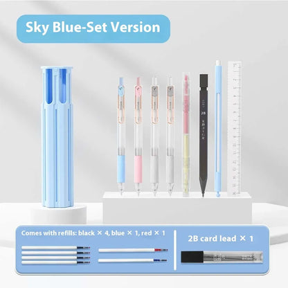 Pressing pen and plastic pencil box organiser set in sky blue, white, or pink colour options.