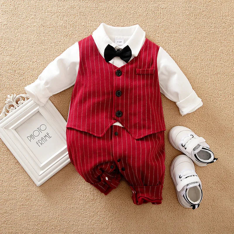Wine red cotton baby boy's romper with long sleeves and single-breasted closure.