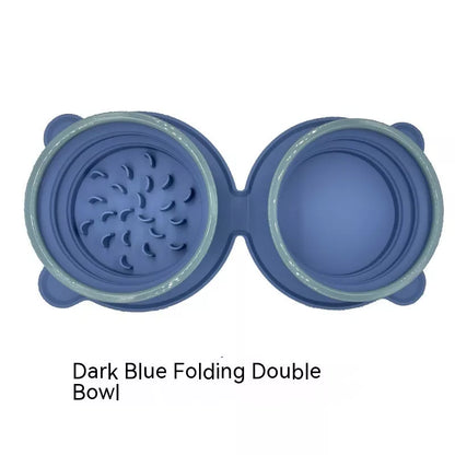 Foldable silicone double pet bowl with non-slip base in various colors
