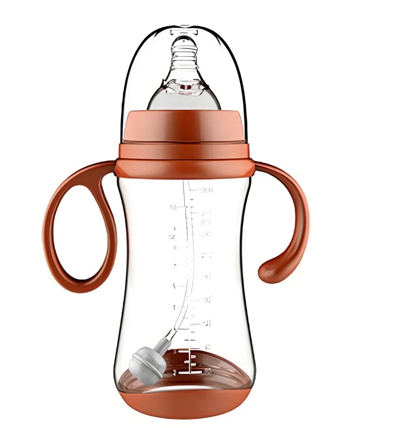 Baby feeding bottle with curved double handles in blue or pink, showing wide caliber opening and transparent PP construction