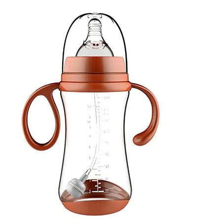 Baby feeding bottle with curved double handles in blue or pink, showing wide caliber opening and transparent PP construction
