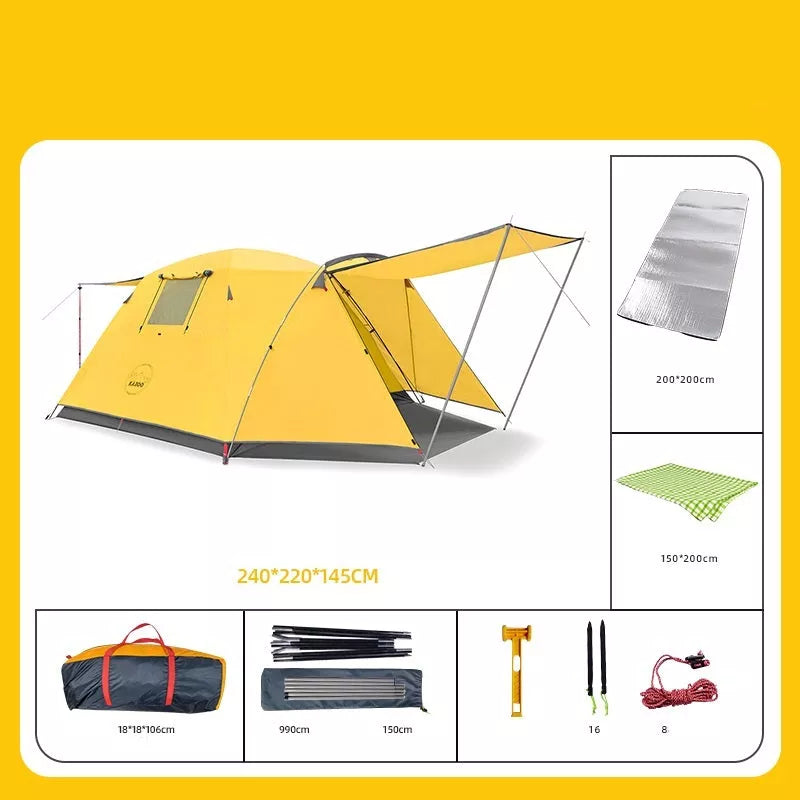 Four-person outdoor camping tent with rain and sun protection, double-decker design