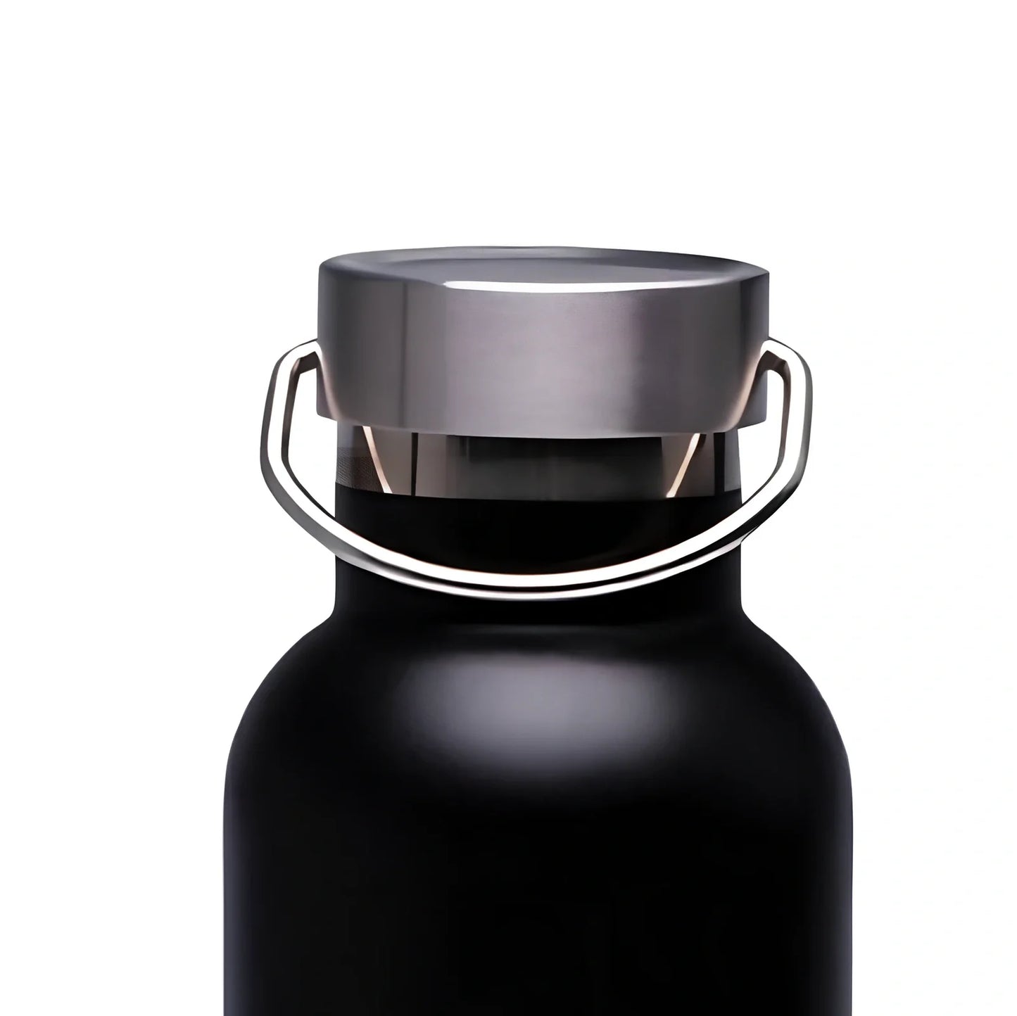 Black stainless steel water bottle showing 750ml capacity marking and measuring 24cm tall