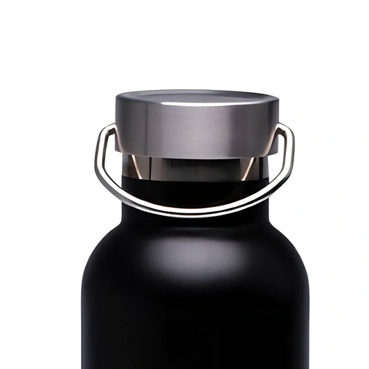 Black stainless steel water bottle showing 750ml capacity marking and measuring 24cm tall