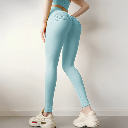 Peach hip pants in light blue and yellow with Asian sizing and nylon fabric construction