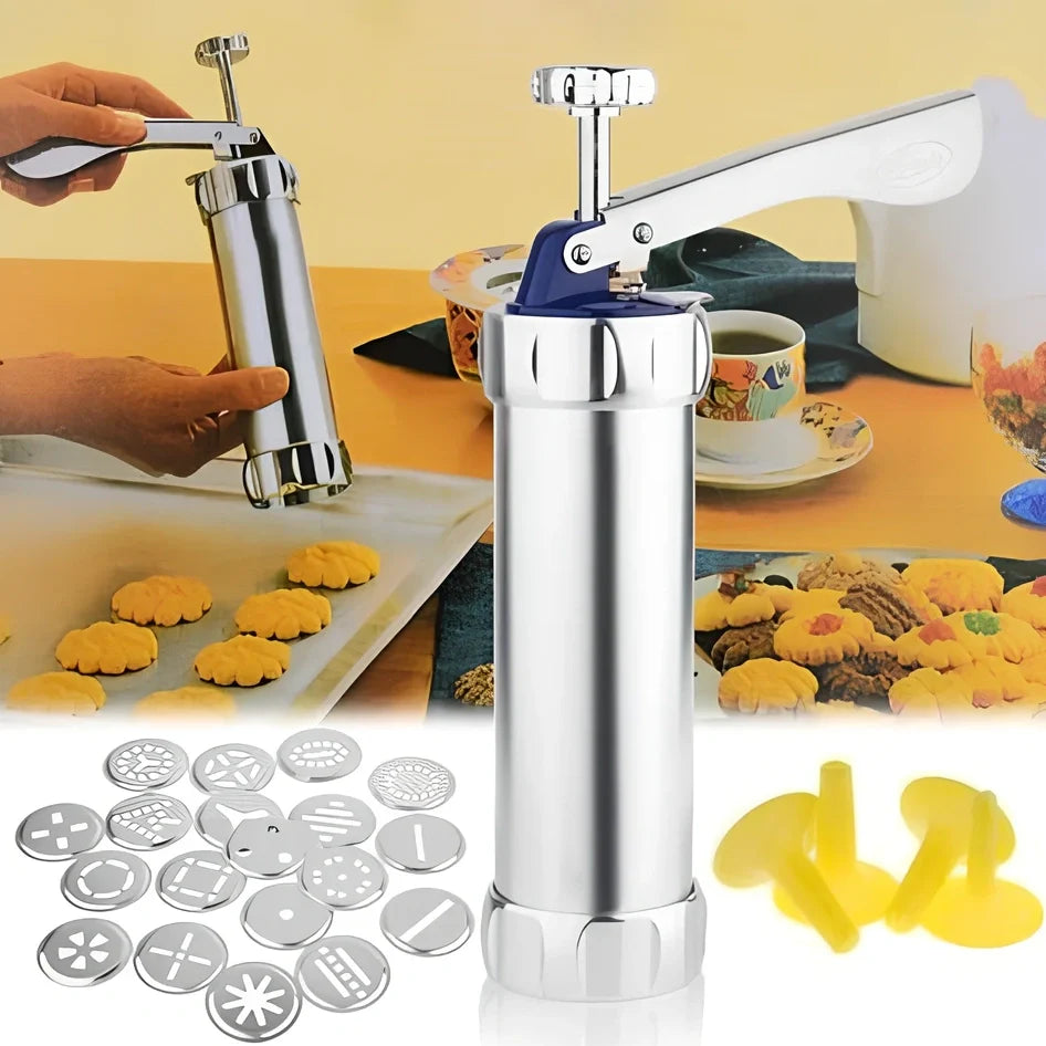 Stainless steel cookie press with 20 pattern discs for making uniform biscuits