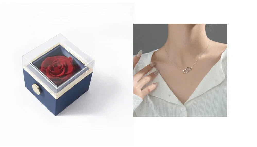 Acrylic rotating rose jewelry box in sapphire blue, 10cm diameter with three-layer storage and carrying bag