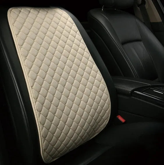 Flax linen car seat cover protector in beige, black, red and brown, with cushion and five-seat style options.
