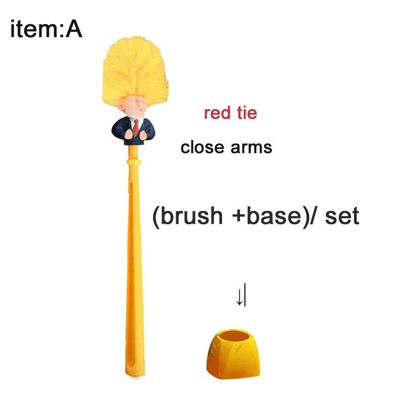 Comical Donald Trump-themed toilet brush made of durable plastic with a bold yellow color and convenient hanging slot