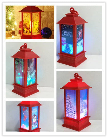 Festive LED Christmas lanterns with Santa Claus, snowman, and other holiday-themed designs