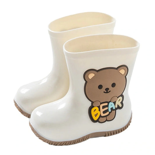 Children's PVC rain shoes with cartoon bear design showing waterproof construction and low heel