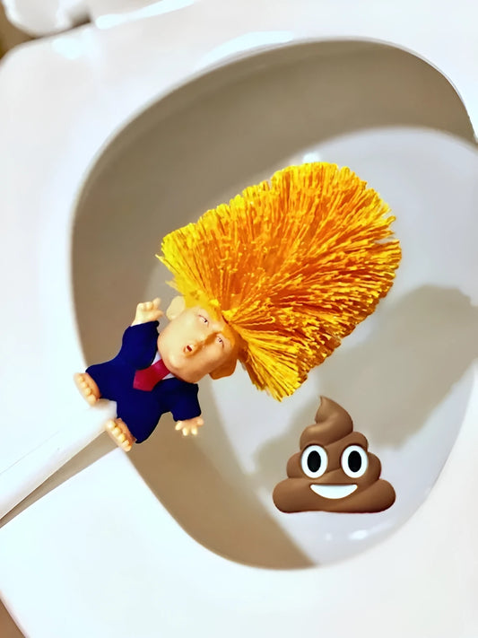Yellow Donald Trump novelty toilet brush with hanging slot in handle