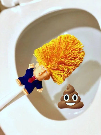 Comical Donald Trump-themed toilet brush made of durable plastic with a bold yellow color and convenient hanging slot