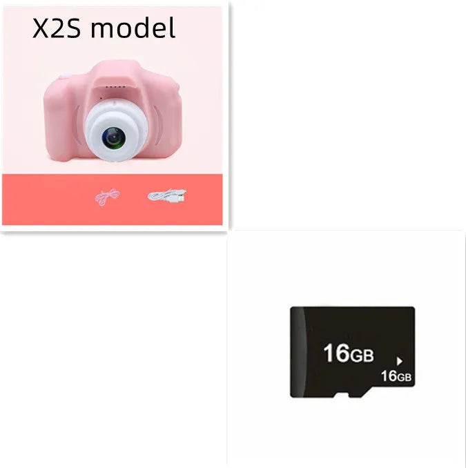 Colourful kids digital camera with silicone case showing 2-inch screen and lens.