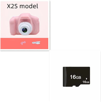 Colourful kids digital camera with silicone case showing 2-inch screen and lens.