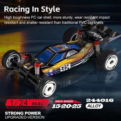 Black two-wheel drive remote control toy car with proportional steering and impact-resistant ABS plastic body