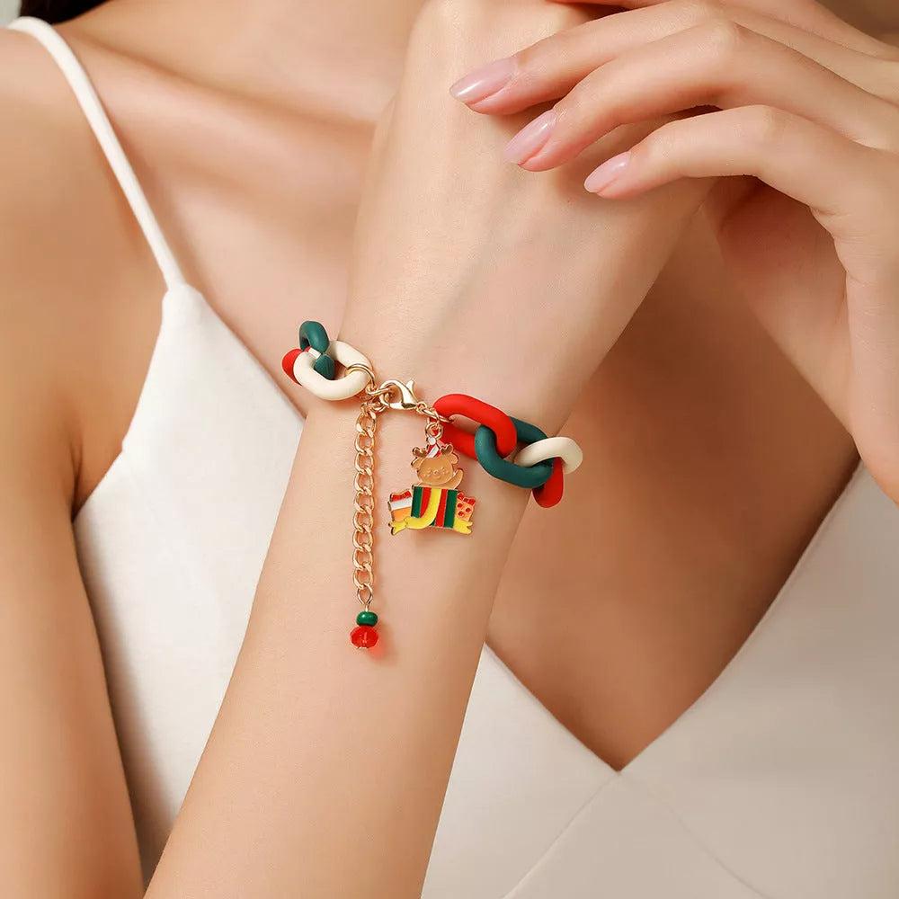 Festive Christmas Metal Chain Bracelet with Santa Claus and snowflake designs