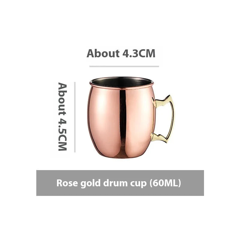 Stainless steel Moscow Mule cup with copper interior in gold, rose gold, silver, or black finish.