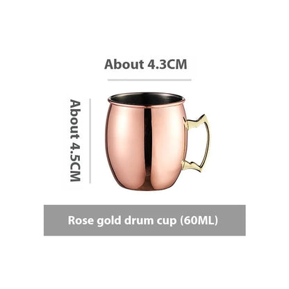 Stainless steel Moscow Mule cup with copper interior in gold, rose gold, silver, or black finish.
