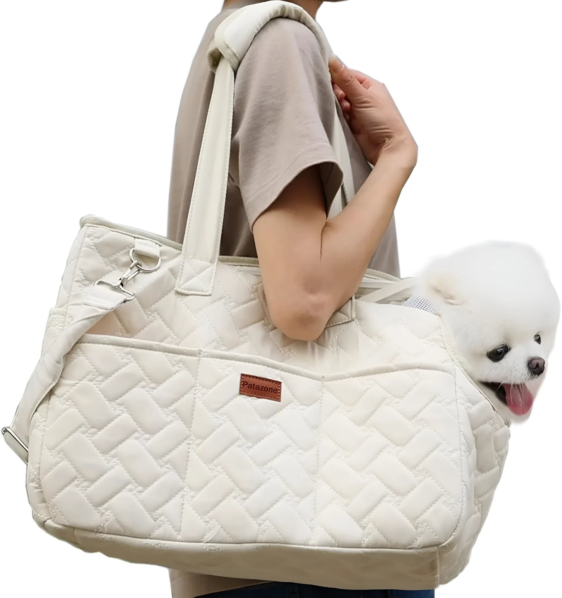 Grey or white cat carrier handbag with breathable mesh panels, safety cord, and multiple pockets for small pets