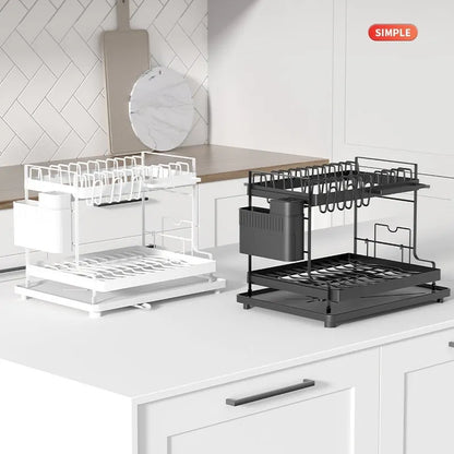 White double-layer kitchen storage rack with removable draining section on a countertop