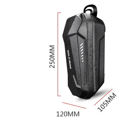 Weatherproof electric scooter front pouch in black with reflective trim, featuring compartments for storage and adjustable straps for a secure fit