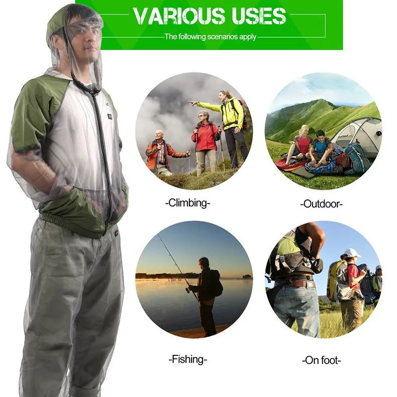 Grey plaid mesh anti-mosquito jacket for outdoor cycling hiking camping fishing, unisex sizes M to XXXL