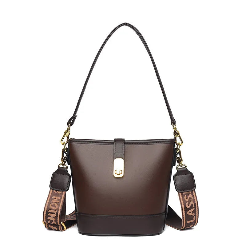 Korean-style soft PU bucket bag in black with double shoulder straps and organisational compartments