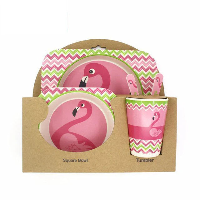 5-piece eco-friendly bamboo fiber children's tableware set with animal designs, including plate, bowl, cup, fork, and spoon