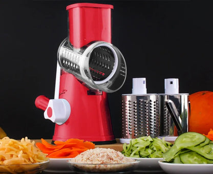 Blue multifunctional manual vegetable cutter with stainless steel blades for slicing potatoes and cheese.