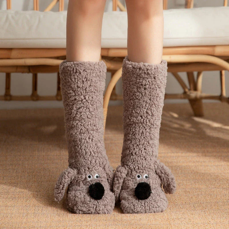 Cozy cartoon dog socks in various colors featuring plush, non-slip designs for comfortable winter wear