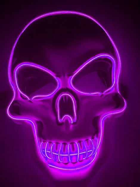 Blue LED glow skeleton mask with flashing lights on a person's face