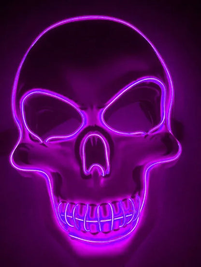 Blue LED glow skeleton mask with flashing lights on a person's face