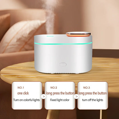 White ultrasonic aroma diffuser measuring 13.5x8x9cm with 200ml capacity and RGB lighting