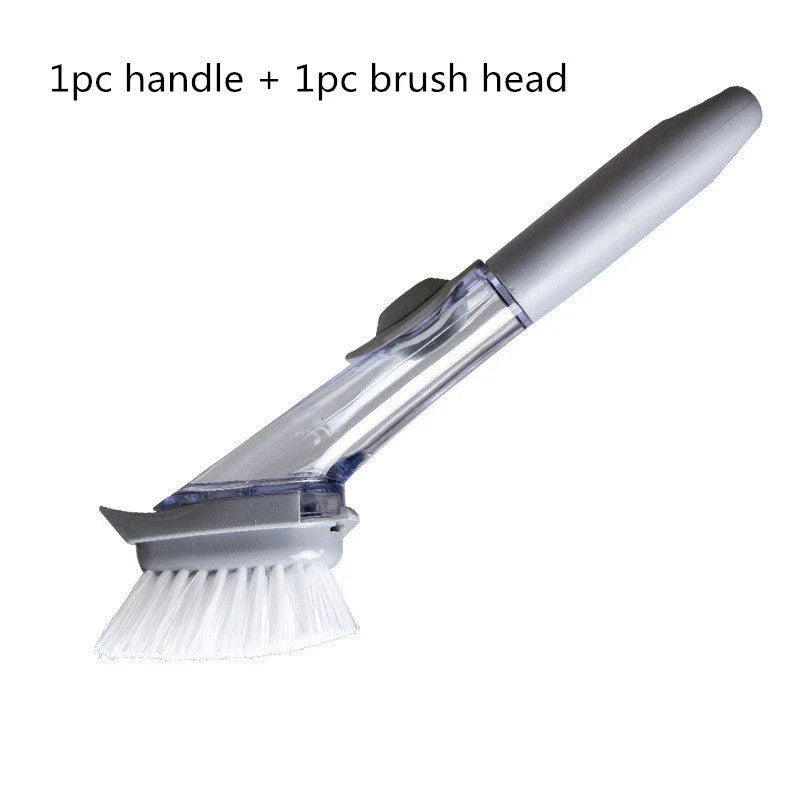Long-handled kitchen cleaning brush with removable head, designed for efficient and hygienic scrubbing of dishes, bowls, and surfaces.