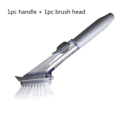 Long-handled kitchen cleaning brush with removable head, designed for efficient and hygienic scrubbing of dishes, bowls, and surfaces.