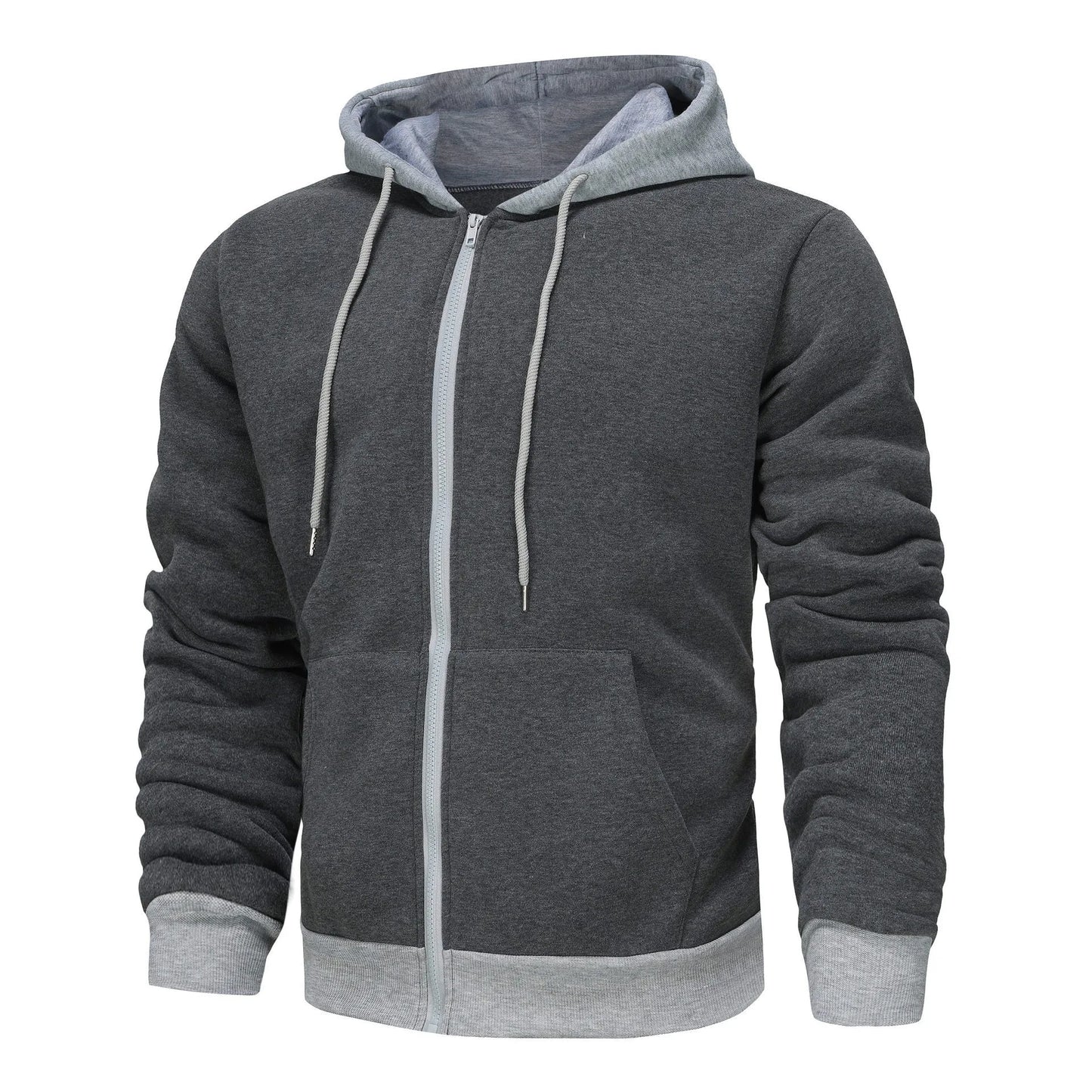 Men's black zip-up hoodie cardigan with a fleece lining, shown with the hood up.