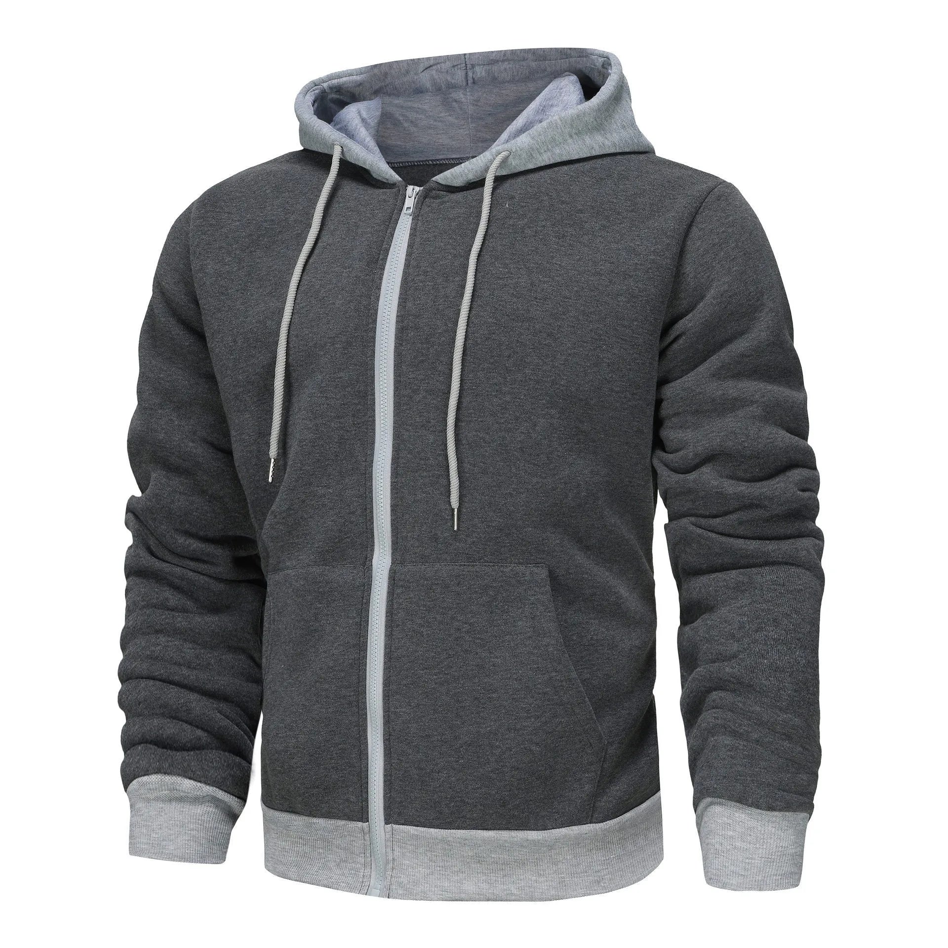 Men's black zip-up hoodie cardigan with a fleece lining, shown with the hood up.