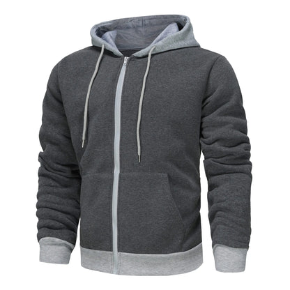 Men's black zip-up hoodie cardigan with a fleece lining, shown with the hood up.