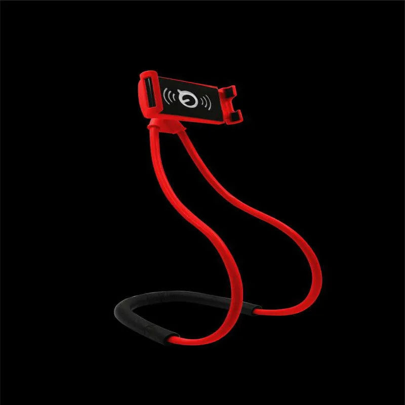 Neck phone holder with 360-degree rotating clamp in multiple colours, holding a smartphone