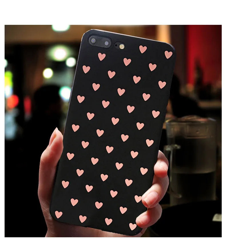 Love Silicone Phone Case for Samsung, TPU back cover, Black Love design with painted dots and animals.